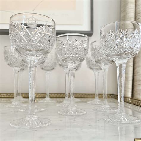 11 Crown Etched Crystal Tall Stem Wine Glasses in Antique Wine Glasses ...