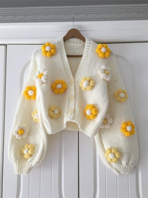 Yellow Flowers Daisy Cardigan, Cardigan Women, Gift for Women, Chunky ...