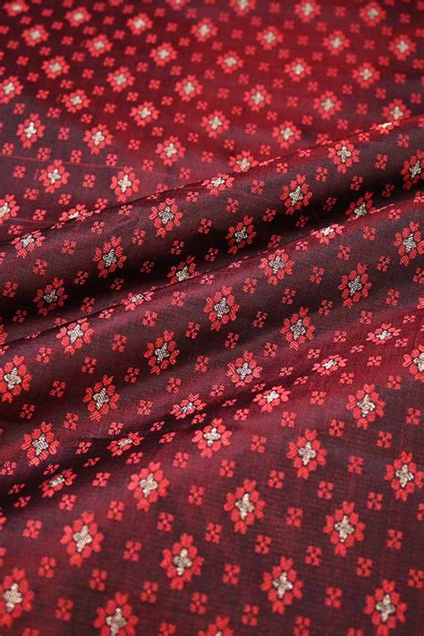 Wine Banarasi Silk Fabric with Tanchoi and Gold Zari Motifs – Chinaya ...