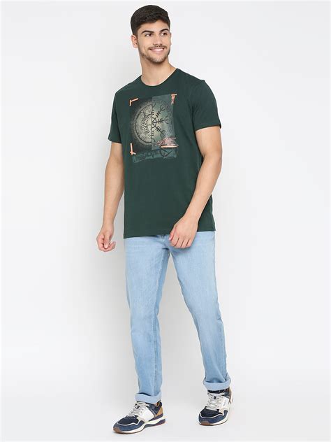 Spykar Bottle Green Cotton Half Sleeve Printed Casual T-Shirt For Men ...