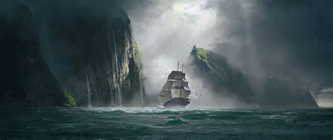 Download wallpaper 2560x1080 ship, sea, rocks, fog, art dual wide 1080p ...