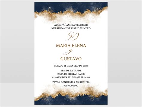 Spanish 50th Anniversary Invitation: Gold & Navy Evite (digital ...