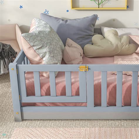 Harriet Bee Twin Size Floor Bed With Fence And Door,Rubber Wood Floor ...