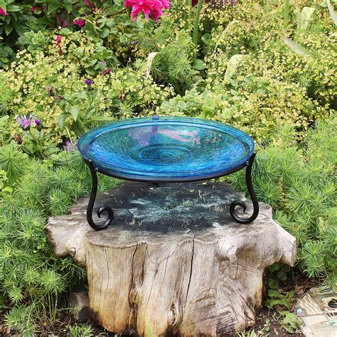 Crackle Glass Bird Bath 14" Teal with Short Stand II