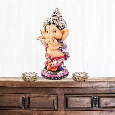 Buy Six Inch Beige Ganesh Idol Playing Flute for Ganesh Chavithi ...