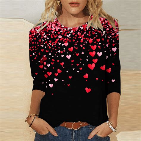 POTETI Womens Valentines Shirt Romance 3/4 Sleeve T-Shirts Casual Crew ...