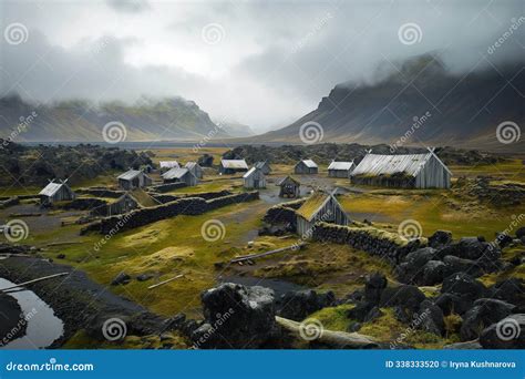 Viking Village in Iceland Surrounded by Rocky Hills on Cloudy Day ...