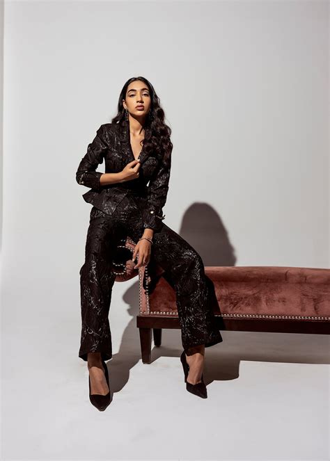 Shop Jessica Black Embroidered Jacquard Pants | Statement Gold Button