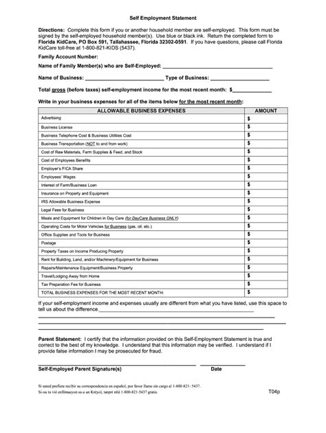 Self Employment Statement - Blank Fillable Template | Fill Out, Print ...