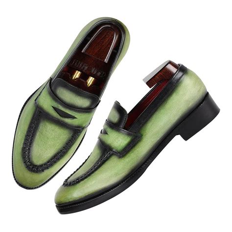 Green Glossed Washed Patina Penny Loafers With Stitch Detail – FELLMONGER