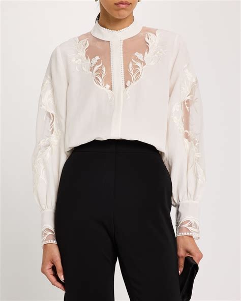 Kobi Halperin Angela Embroidered Sheer-Inset Blouse | Neiman Marcus