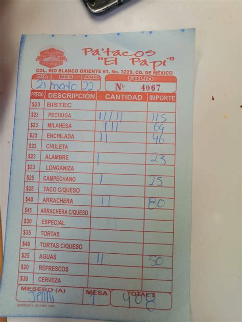 Menu at Tacos "El Papi" restaurant, Mexico City, Ote 91 3229