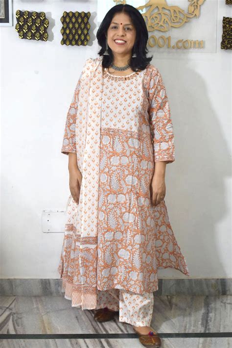 Hand Block Printed stitched 3 pc Cotton suit with Kutch Mirror Work ...
