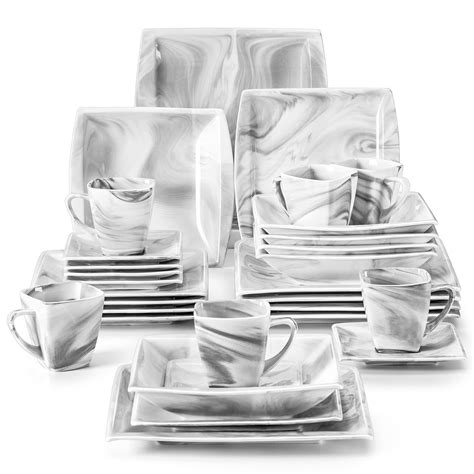 MALACASA Square Dinnerware Sets, 30 Piece Marble Grey Dish Set for 6 ...