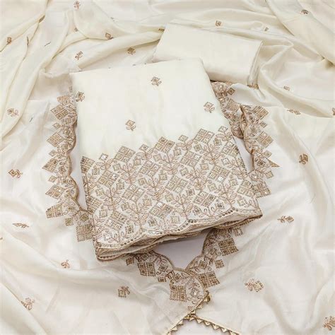 Festive Wear Off White Vichitra Silk Dress Material with Sequins Embel