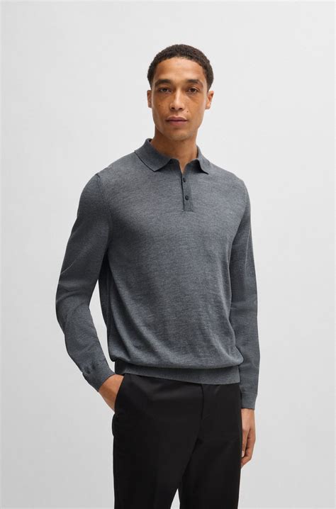BOSS - Long-sleeved knit polo sweater in Italian virgin wool - Grey