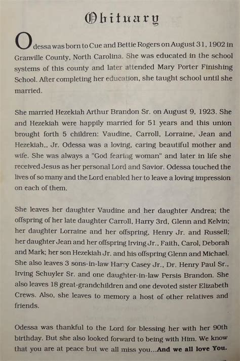 Obituary Odessa W. Brandon