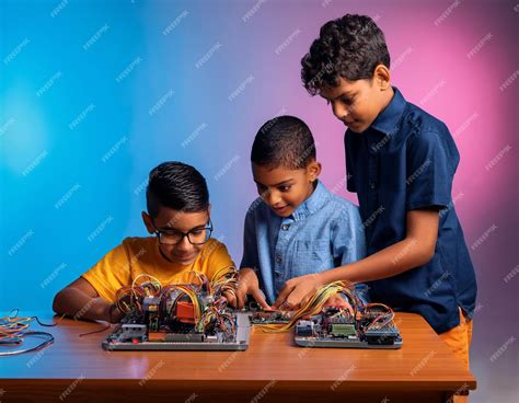 Young Asian children playing with tech kit in a vibrant background ...
