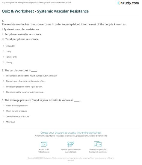 Quiz & Worksheet - Systemic Vascular Resistance | Study.com