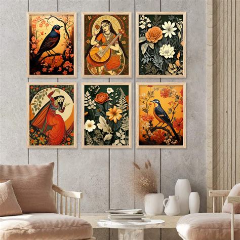 Traditional Indian Inspired Madhubani Art Prints with Frame for Living ...