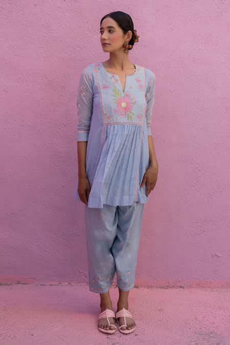 Buy Blue Cotton, Kota Doria Embroidery Bloom Yoke Gathered Short Kurta ...