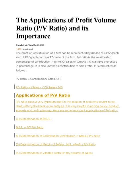 The Applications of Profit Volume Ratio - A P/V graph portrays P/V ratio of the firm. P/V ratio ...