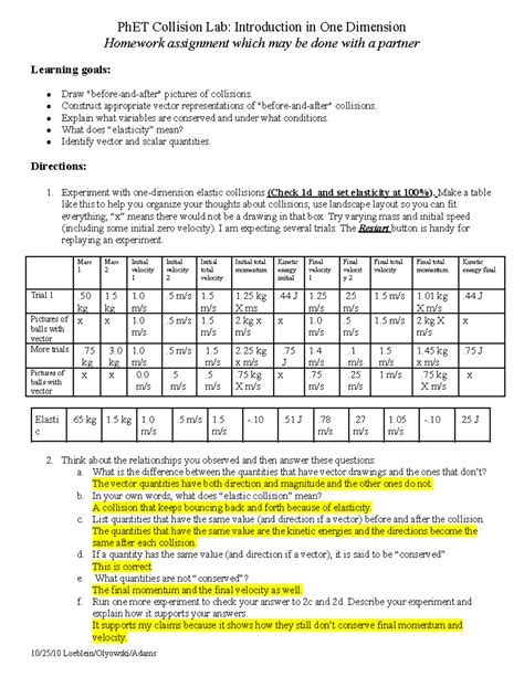 PhET 1D Collisions Lab: Student Directions & Homework Guide - Studocu