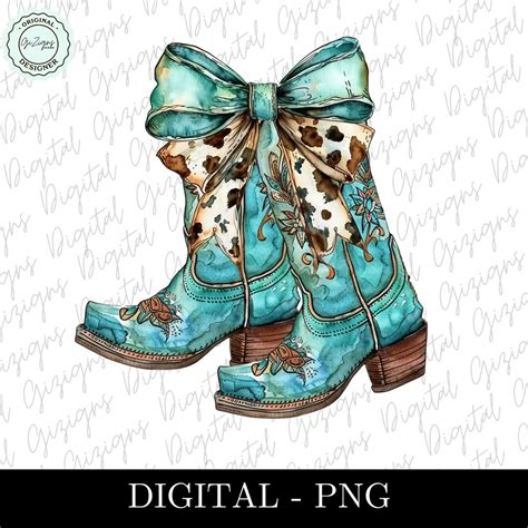 Turquoise Cowgirl Boots PNG, Coquette Cow Bow PNG, Country Western ...