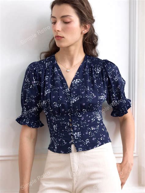 Simple Retro Floral Print Puff Sleeve Ruffle Trim Button Front Blouse ...