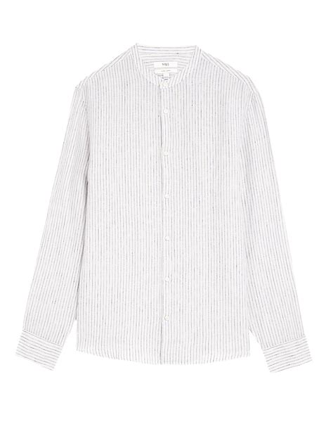 Buy Pure Linen Striped Grandad Collar Shirt at Marks & Spencer