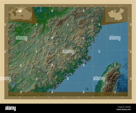 Fujian, province of China. Colored elevation map with lakes and rivers. Locations of major ...