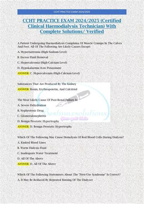 CCHT PRACTICE EXAM 2024/2025 (Certified Clinical Haemodialysis ...