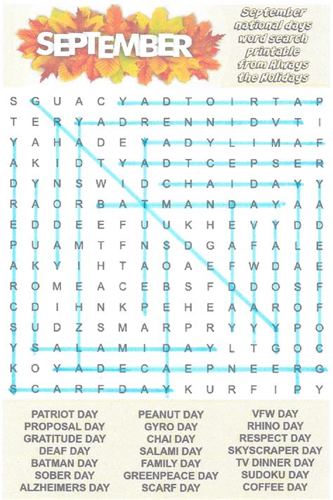 September Word Search Printable - Free National Days Word Find