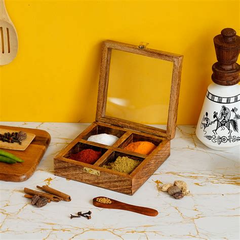 4 Square Compartments Handcrafted Wooden Spice Box - eCraftIndia Online