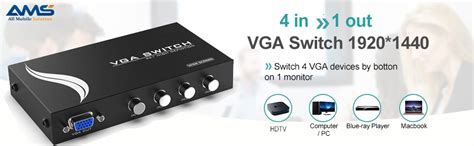 AMS 4 in 1 Out VGA Splitter, 4 Port VGA Switch, 4x1 VGA Switch Box for ...