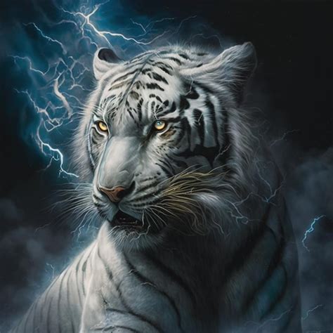A white tiger with a blue background and a lightning bolt in the ...