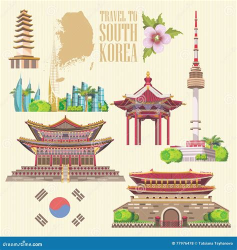 South Korea Travel Set with Pagodas and Modern Buildings. Korea Journey ...