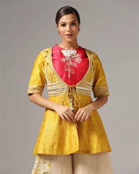 Mustard Raw Silk Embroidered Jacket Set – Yashodhara
