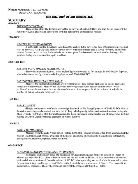 TIMELINE OF MATHEMATICS SUMMARY final | PDF | Mathematics | Ancient Egypt