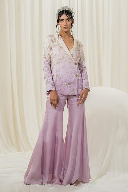 Buy Off White Satin Organza Embroidered Floral Jacket And Flared Pant ...