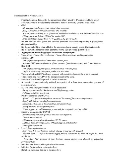 Macro notes 1 - Macroeconomics Notes | Class 1 Fiscal policies are ...