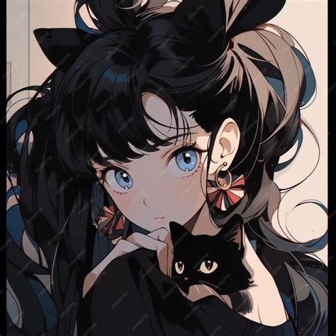 Anime girl with black hair and blue eyes holding a black cat generative ...