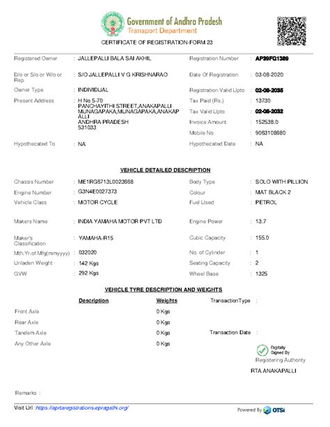 AP0311124432020 - Registered Owner JALLEPALLI BALA SAI AKHIL ...