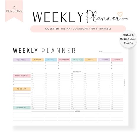 Colorful Weekly Hourly Planner Template Printable – mrsneat