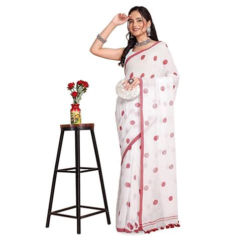 Buy TANTLOOM Women's Soft Bengal Handloom Saree White Saree With Red ...