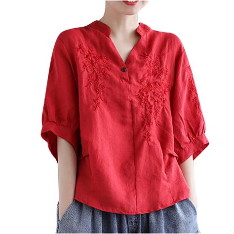 fartey Plus Size Cotton Linen Blouses for Women Half Sleeves Vintage T ...