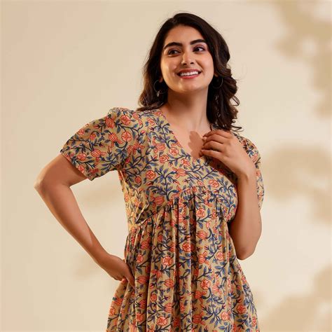 Camel Colour Floral Print Alia Cut Cotton Dress – Vivika Fashion