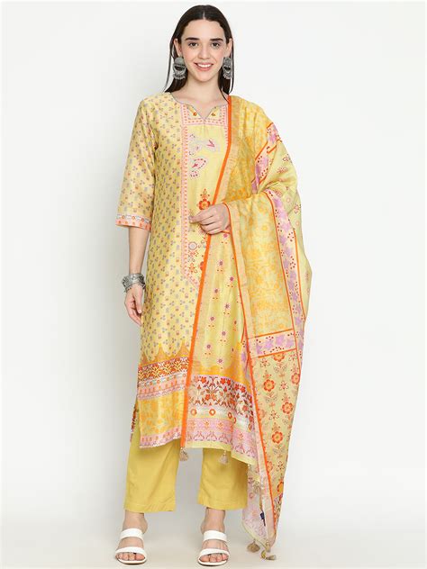 Buy Shingora Yellow Floral Printed Notch Neck Stitched Suit Set Online ...