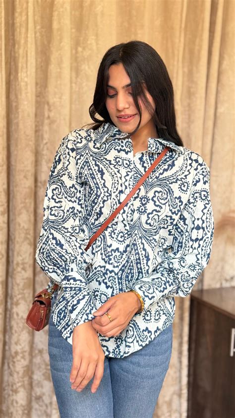 Printed Blue & White Cotton Shirt – Shaayra