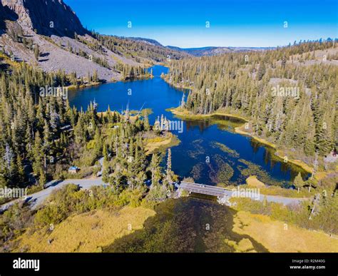 An aerial landscape of Twin Lakes and the surrounding mountains located ...